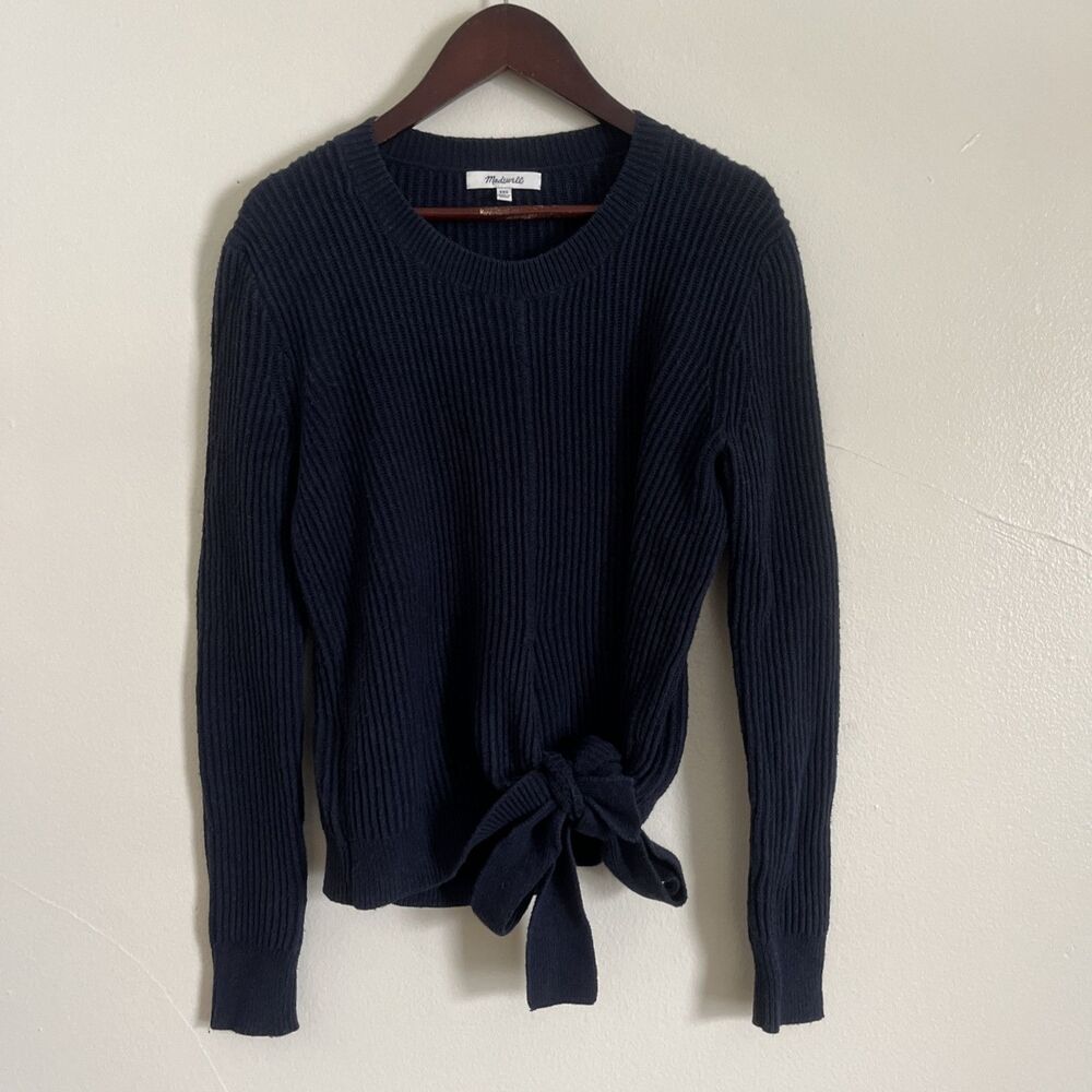 MADEWELL Navy Rib Knit Side-Tie Bow Knot Crewneck Asymmetrical Sweater- XXS